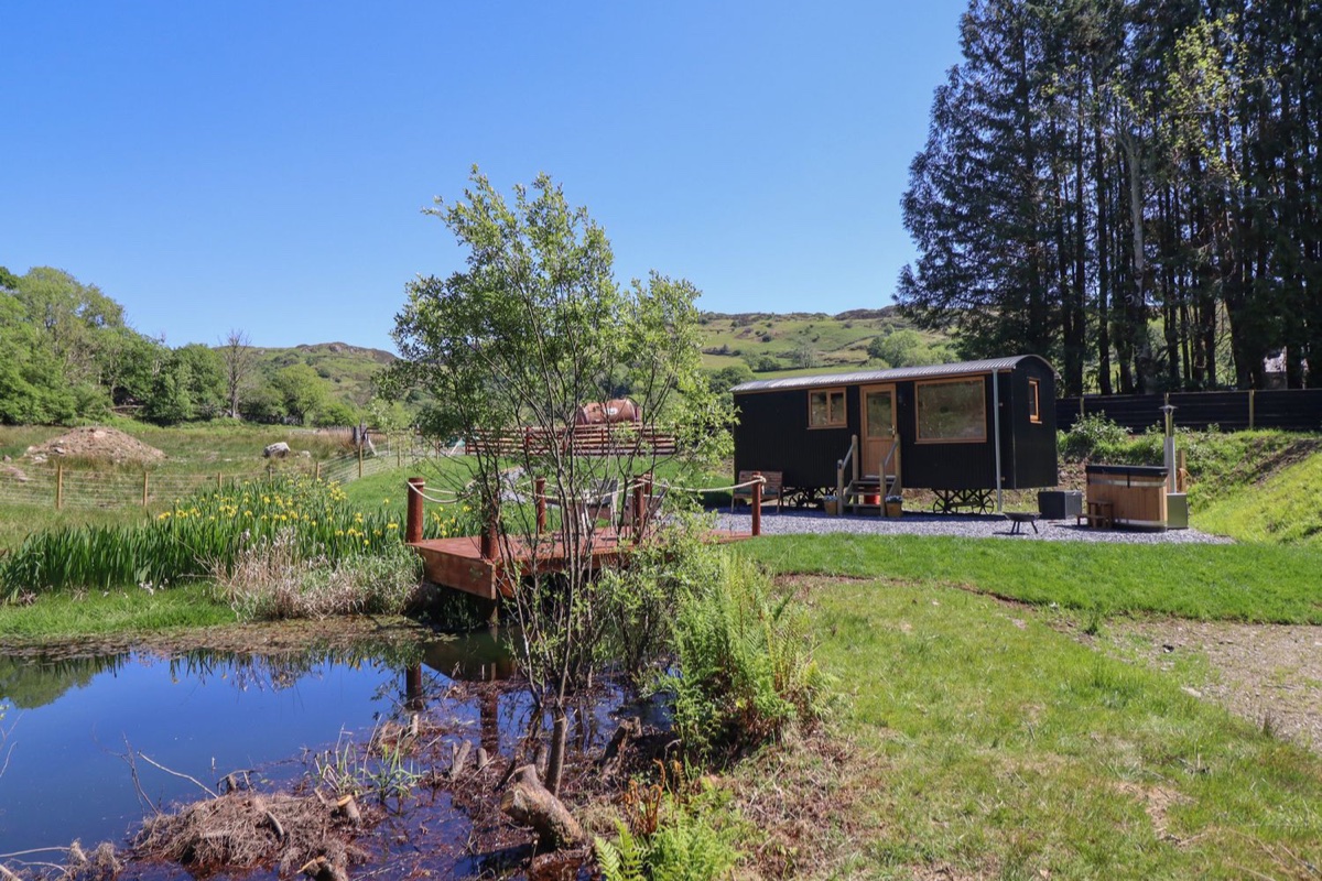Celyn shepherds hut beside pond and woodland