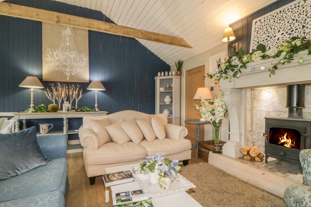 Living room with navy walls, beamed ceiling, and wood stove at High Rigg Woodland Cottage