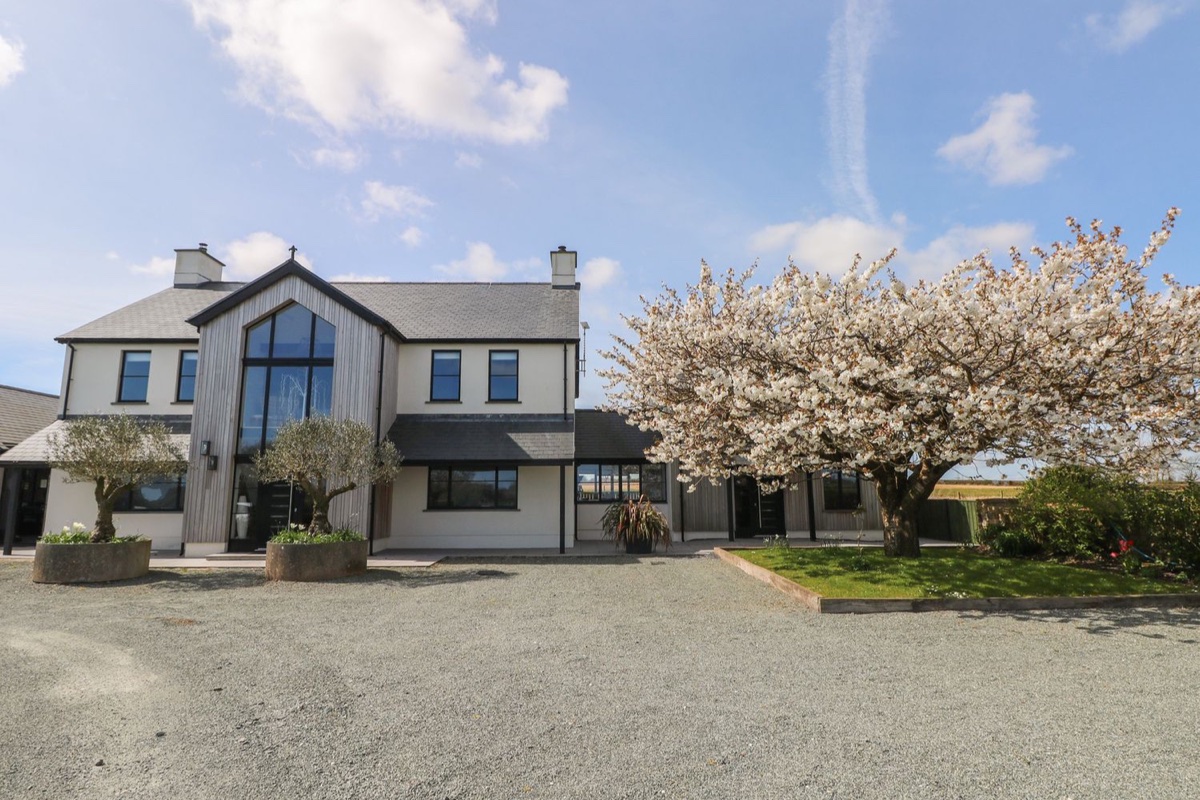 Just A Cottage exterior with blossom tree and open sky