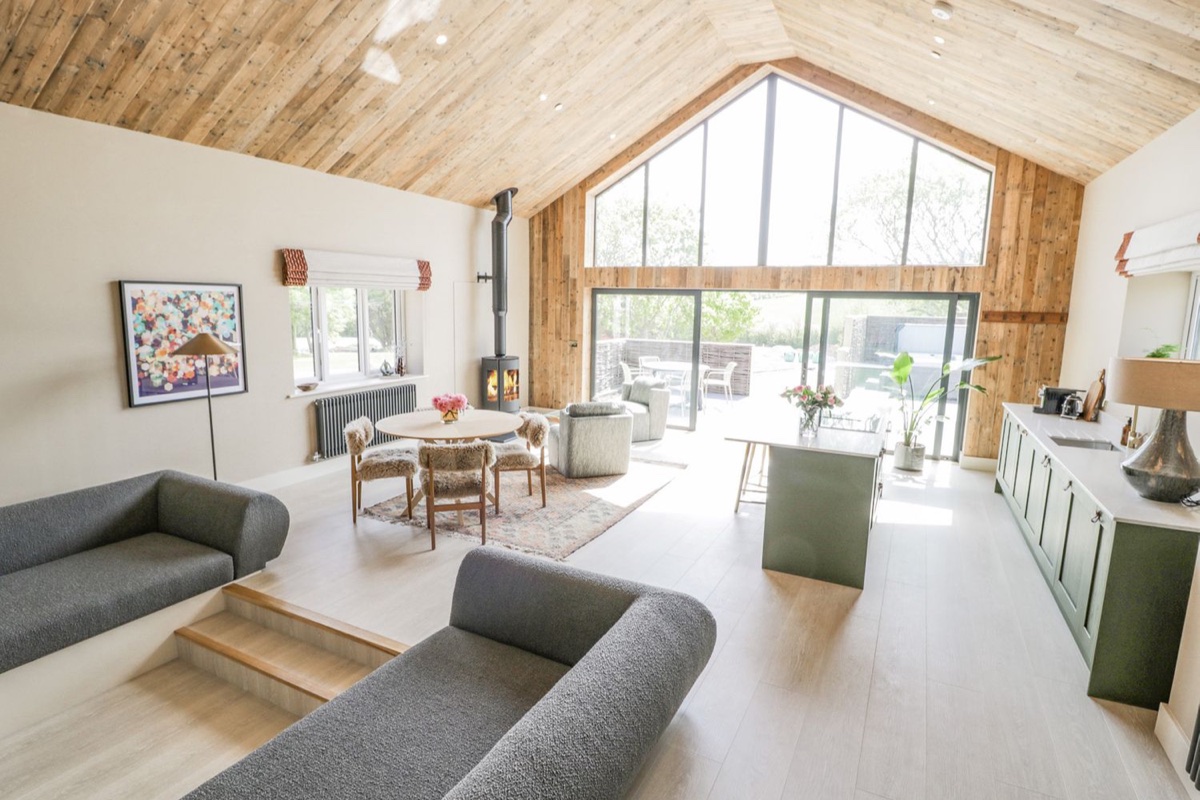 The Barn vaulted living and kitchen space with large windows