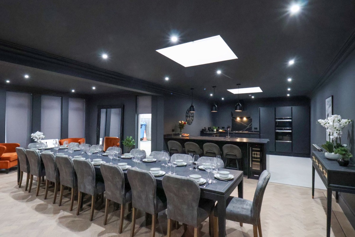 Tower View dark dining kitchen set for a large group